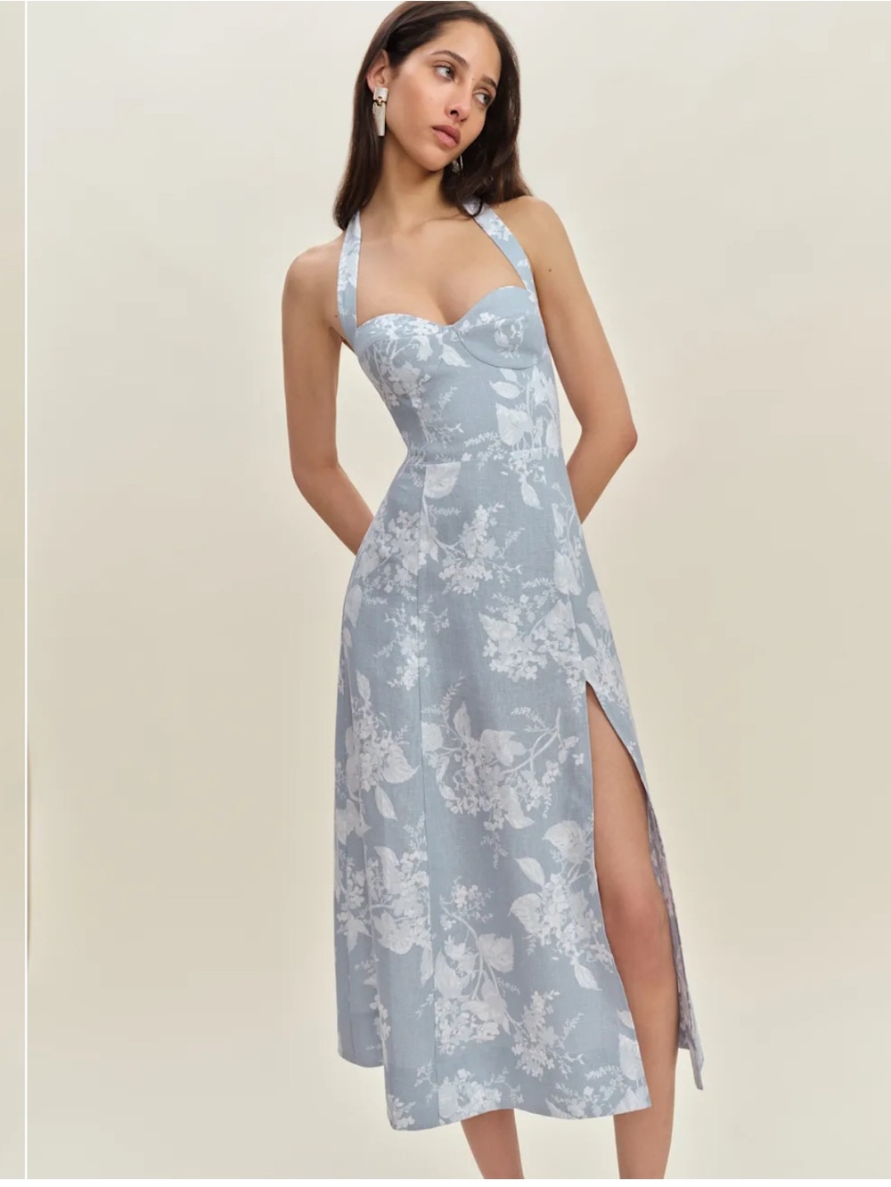Reformation Light Blue and White Floral Halter Midi Dress